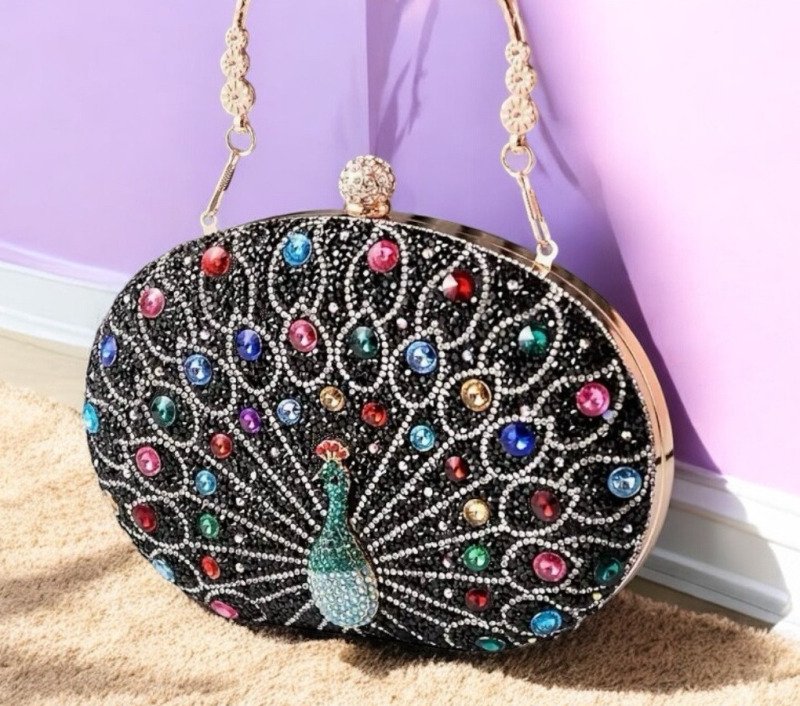 Peacock Bejeweled Crystal Clutch Evening Bag with Rhinestone Buckle Closure<br/>Detailed Handle + 44In Chain Strap