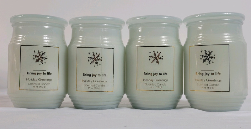 4 New Holiday Style Holiday Greetings Scented Candles , 18oz. Jars.