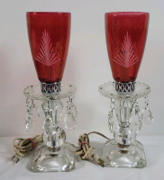 Vintage Cranberry Glass Lamps w/Crystal Prisms . Measures 13.5" Tall . Missing 2 Crystal Prizms . Untested
