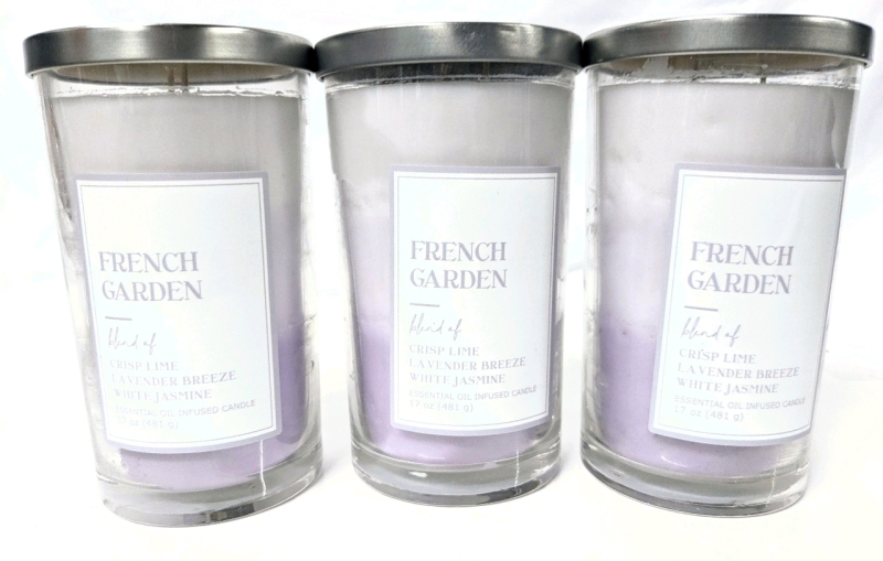 3 New Candles: French Garden [Crisp Lime, Lavender Breeze & White Jasmine] 481g in Glass Vessels with Lids