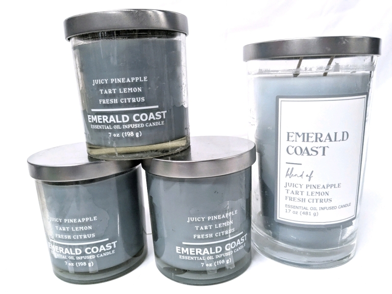 4 New Candles: Emerald Coast [Juicy Pineapple, Tart Lemon & Fresh Citrus] 395g-481g in Glass Vessels with Lids