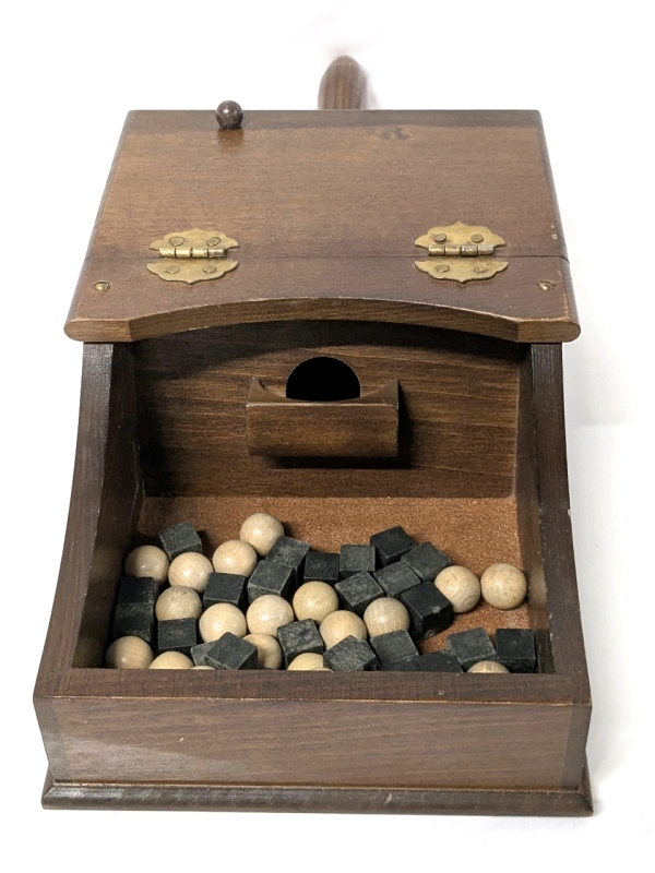 Really Neat Vintage Presumed Masonic Wooden Ballot Box with Square & Round Counters - 6" x 14.75" x 3.5"