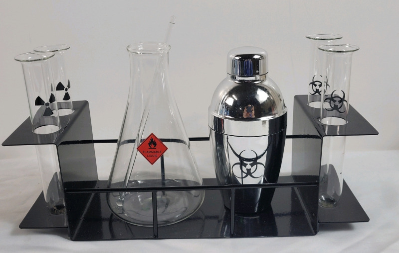Chemistry Themed Cocktail Barware Set w/Hazard Label Decals