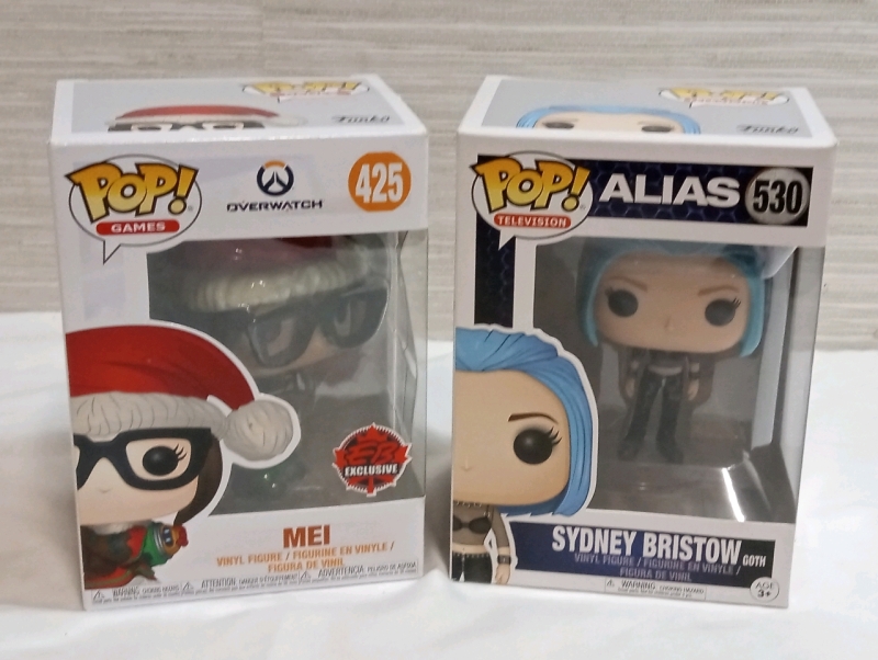 Two (2) New Funko Pop! Overwatch " MEI " & Alias " Sydney Bristow (goth) " Vinyl Figures