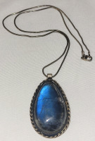 Vintage Sterling Silver Necklace & Teardrop Pendant in Silver Rope Setting Base . Necklace made in Italy, measures 16"