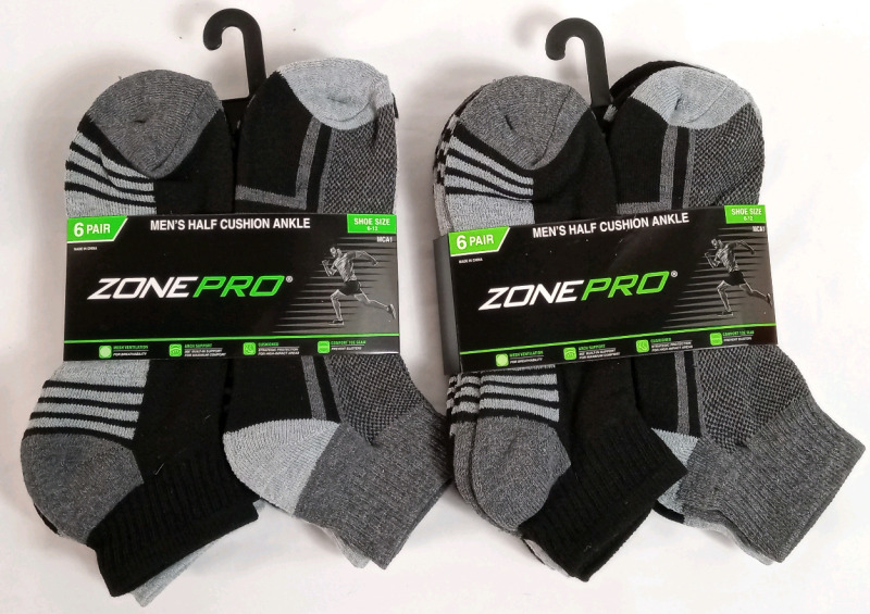 12 New Zone Pro Men's Half Cushion Ankle Socks , Shoe Size 6-12 . Two (2) Packs , 6 Per Pack