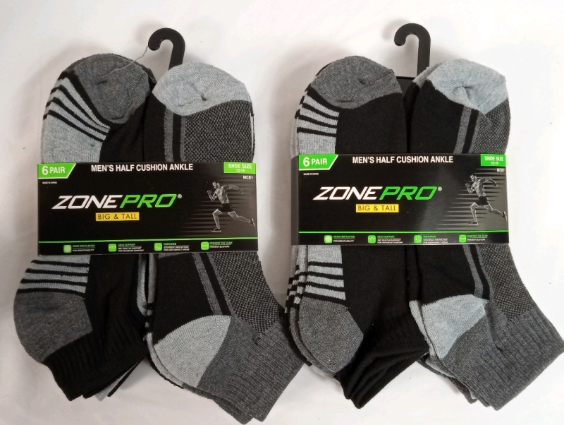 12 New Zone Pro Big & Tall Men's Half Cushion Ankle Socks , Shoe Size 12-16 . Two (2) Packs , 6 Per Pack