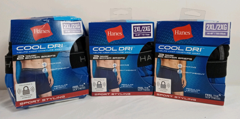 6 New Hanes Cool Dri Boxer Briefs , Size 2XL , Waist Size 44"-46"