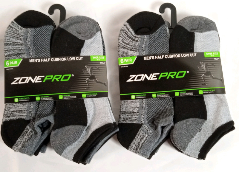 12 New Zone Pro Men's Half Cushion Ankle Socks , Shoe Size 6-12 . Two (2) Packs , 6 Per Pack