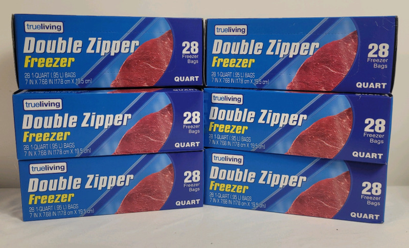 New - TrueLiving Double Zipper Freezer Bags . 1 Quart Bags . 7"&times;7.5" . 6 Boxes , 28 Bags Per Box . 168 Bags