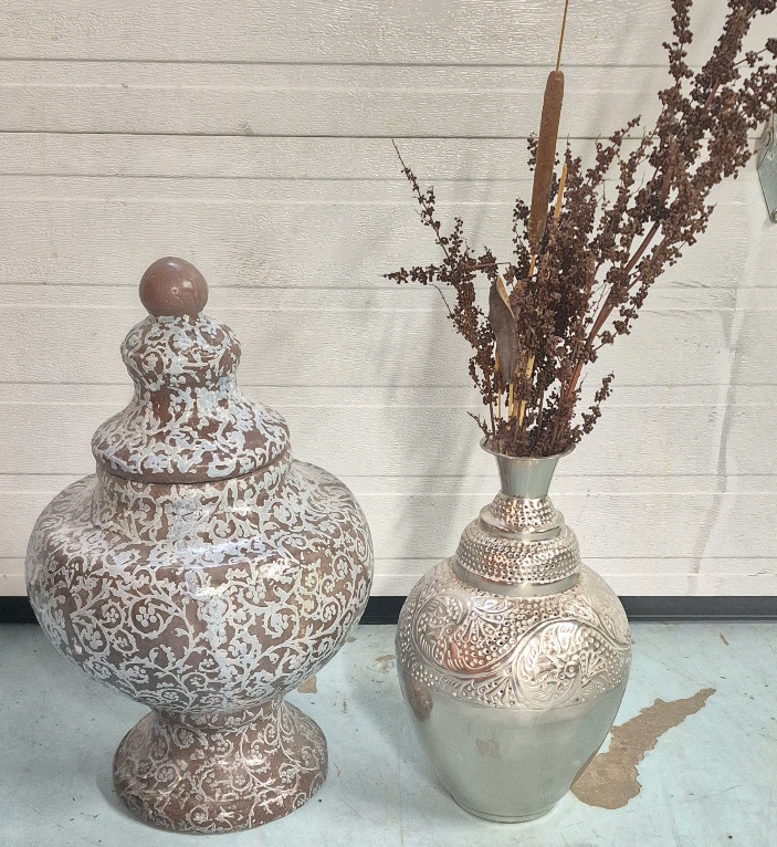 2 Fantastic Home Decor Pieces - 23" Tall Terracotta Urn & 17" Tall Bombay Vase with Dry Flowers