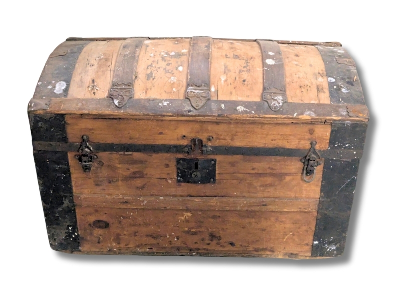 Very Old (Possibly Antique) Dome Top Trunk Chest with Bow Detailing on Metal Bands and Inner Tray - 20.25"" x 17" x 16.25"