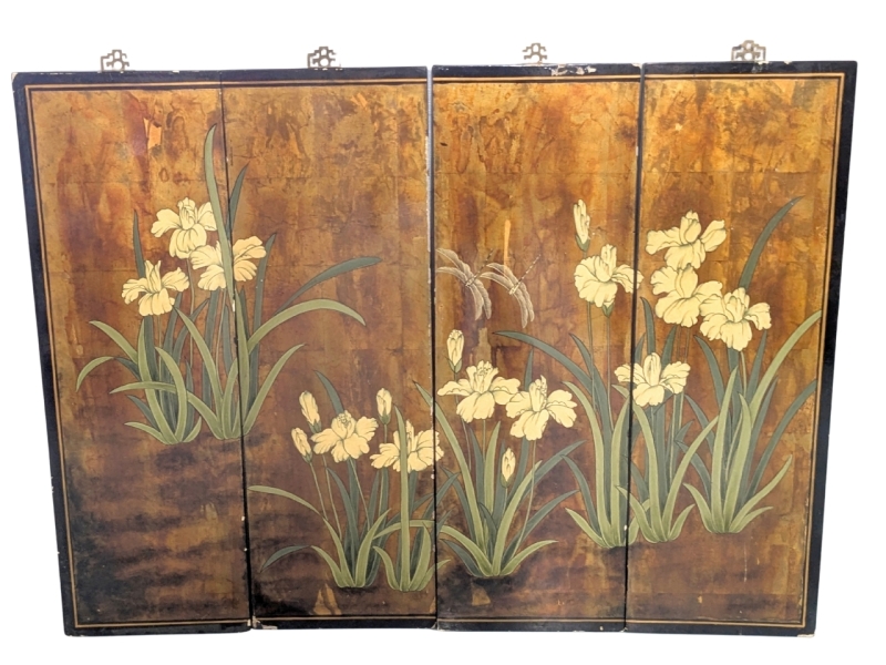 MCM Vintage Lacquered 4-Panel Japanese Wall Art - Each Panel 12" x 0.75" x 36"