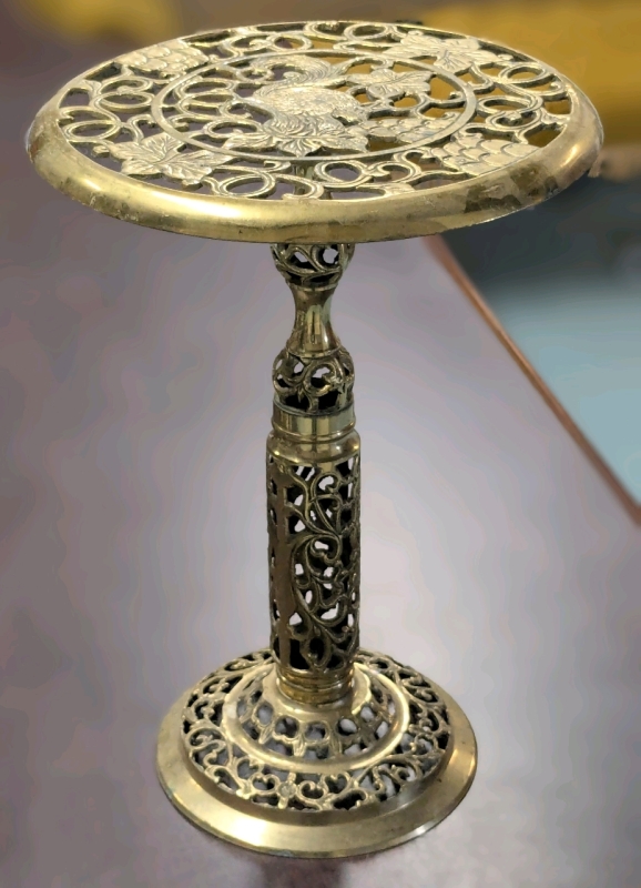 Gorgeous MCM Vintage Brass Plant Stand Small Round Table with Scrolling Vines & Squirrel Detailing - 16.5" Tall