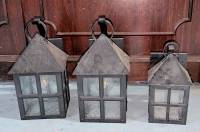 3 Vintage Signed SNOC LTE St Catharine's Cast Iron Exterior Wired Electric Lanterns with Wavy Glass Panels - Up to 12.25" Tall
