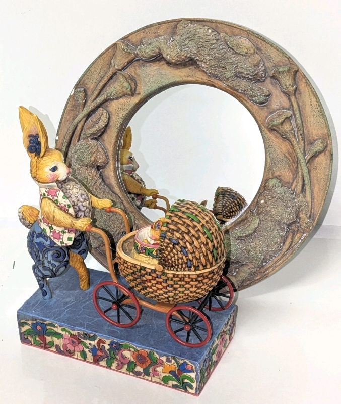 BUNNIES! 2004 Heartwood Creek Jim Short "You're a Good Egg" Irish Chain and Star Rabbits & Pram Figure (8.25" Tall) & Small Circle of Rabbits Mirror (9.75")