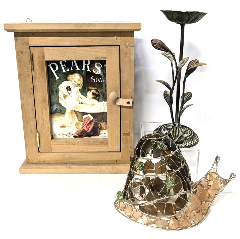 Home Decor! Wired Polished Glass Snail Tea Light Holder, Metal Frog & Flowers Candle Stand & Wood Mini Wall Cabinet with Retro Leads Advertisement - Cabinet x