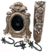 Home Decor! 3 Cast Iron Curtain Ties, Star Night Light (Working), Lightweight Wood Mask & Heavy Resin Wall Mirror - Mirror 15.5" z 18"