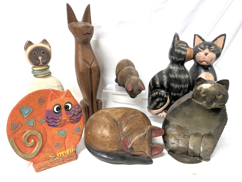 CATS CATS CATS! Carved Wood (Including Teak Thailand, Indonesia, Signed James Haddon Phillipines), Metal Cat Figure Mexico & Funky Resin - Up to 15.25" Tall