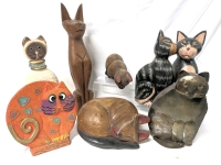 CATS CATS CATS! Carved Wood (Including Teak Thailand, Indonesia, Signed James Haddon Phillipines), Metal Cat Figure Mexico & Funky Resin - Up to 15.25" Tall