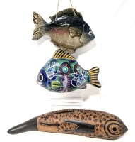 FISH! Pyrography Fish Gourd Shaker, Colorful Clay Fish Bank & Ceramic Hanging Fish - Up to 14" Long