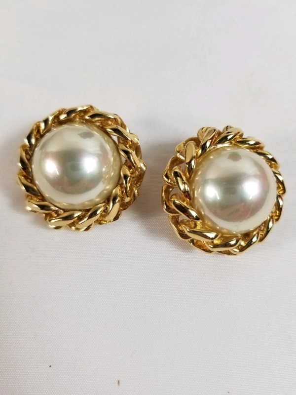 Vintage signed Chr. Dior large faux pearl clip on earrings