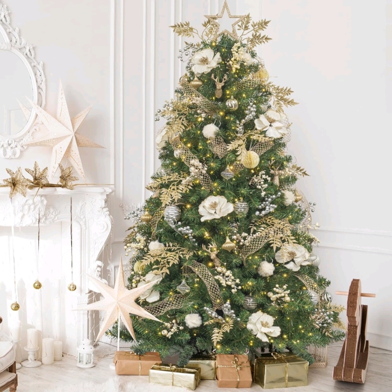 New KI Store Christmas Tree 6-Foot Champagne Ornaments, Lights, Remote and Timer - Retails $293