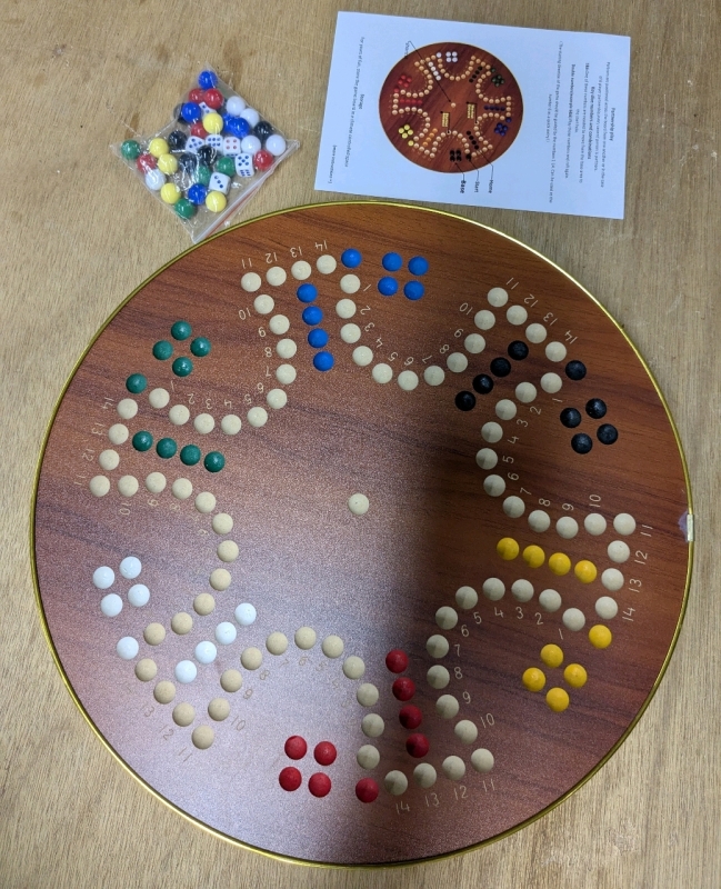 As-New 15.5" Round Wood Marble Board Game with Double Sided Board, 6 Dice, 24 Marbles