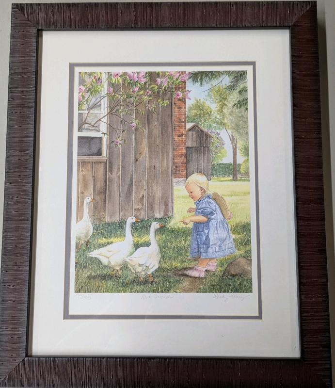 Framed Matted Numbered (294/390) Signed Print of "New Friends". 19" by 23".