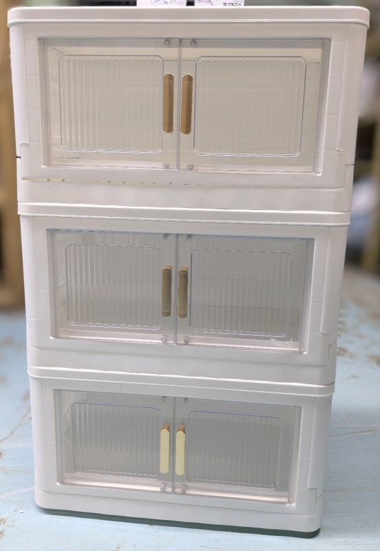 New 3-Pack TOKTEKK Stackable Collapsible Storage Bins with Double Doors & Wheels 8.5Gal Tea White - 21.5" &times; 11.75" &times; 11.5" ea Assembled