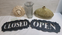 Home Decor Lot . Metal Open & Close Signs , Crystal Vase , Ceramic Vase & Resin Lion Head Wall Art