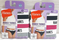 2 New Packs of Hanes Ribbed Cotton Thongs, XL/8 Size, 3pcs in Each Pack
