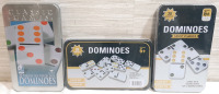 3 New Tins of Double Six Color Dot Dominoes Sets, 28pcs in Each Tin