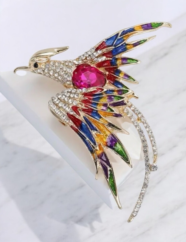 14K Gold Plated Vintage Western Style Enamel Rhinestone Phoenix Brooch Approximately 2.4 x 2.4 Inch