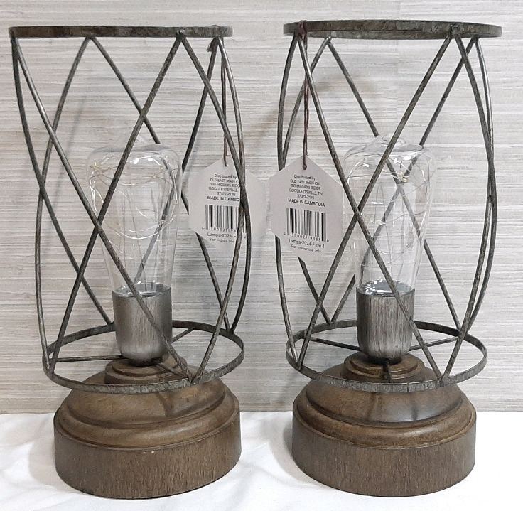 2 New Indoor Wood Base Metal Spiral Lamps, 11" Tall