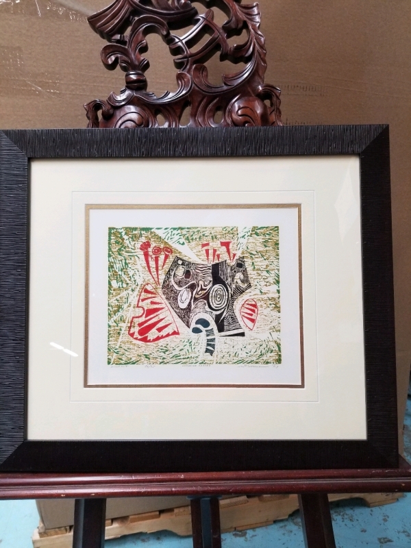 Framed OPPOSING FORCES Bert Kloezeman wood cut 22" by 19"