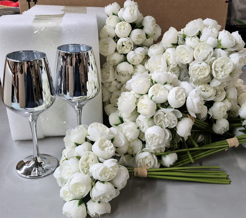 12 As New Faux Peony Floral Bouquets 12" Long with 6 New Goblets