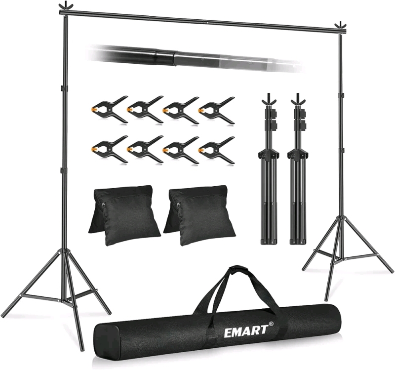 As New Emart Photo Video Studio 10ft Adjustable Background Stand Backdrop Support System Kit with Carry Bag Retails for $62.99
