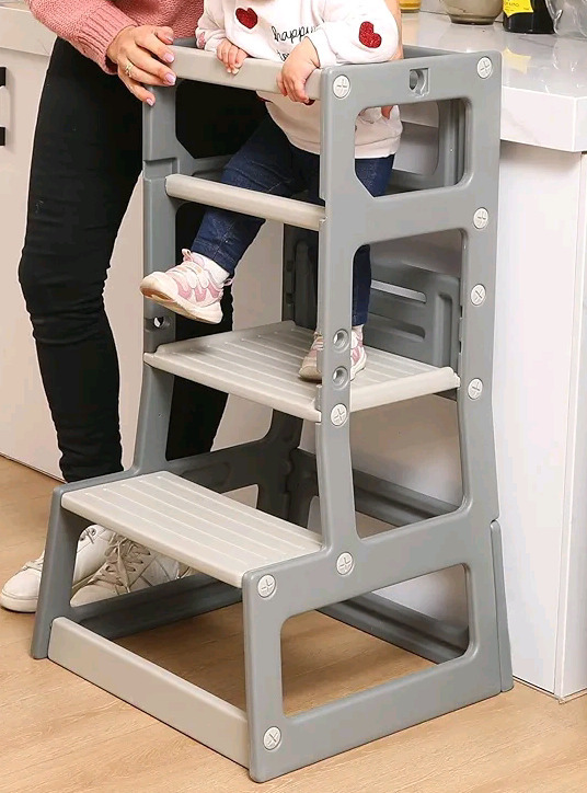 As Ne2 - Adjustable Height Plastic Kitchen Step Stool for Children , for Kitchen & Bathroom,Dark Grey and Light Grey . Open Box , Appears Complete