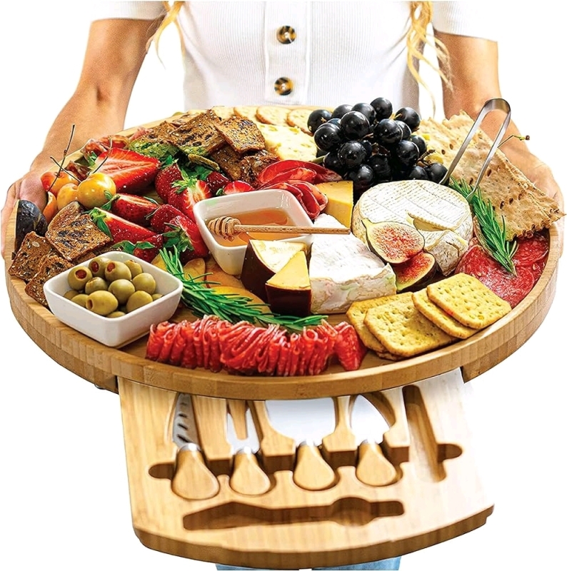 New Home Euphoria Large Round Charcuterie/Cheese Board Set and Knife Set, 16 in, Extra Large, Wood Tray.