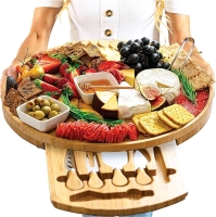 New Home Euphoria Large Round Charcuterie/Cheese Board Set and Knife Set, 16 in, Extra Large, Wood Tray.