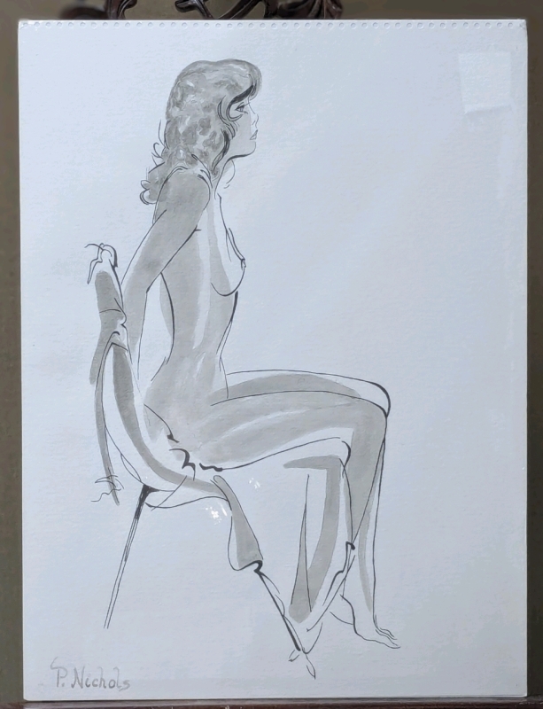 Gorgeous Signed P NICHOLS Ink Nude Sitting Woman - 18" x 24"
