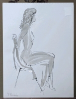 Gorgeous Signed P NICHOLS Ink Nude Sitting Woman - 18" x 24"