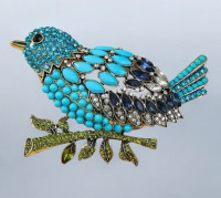 Luxurious Large Bird Brooch Colourful Rhinestones & Opaque Full Detailing Approximately 2.5 x 3.75 Inch