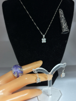 925 Sterling Necklace Earrings Set Stones Enamel Purple Ring Art Nouveau Style Posy Cone Brooch