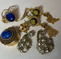 Vintage Blue Cab Filigree Brooch Lady Bug Pin Pill Box Blue Cab Rhinestone Glass Earrings