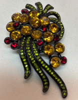 Brooch In Vibrant Japanned Citrine Red Peridot Crystal Rhinestones