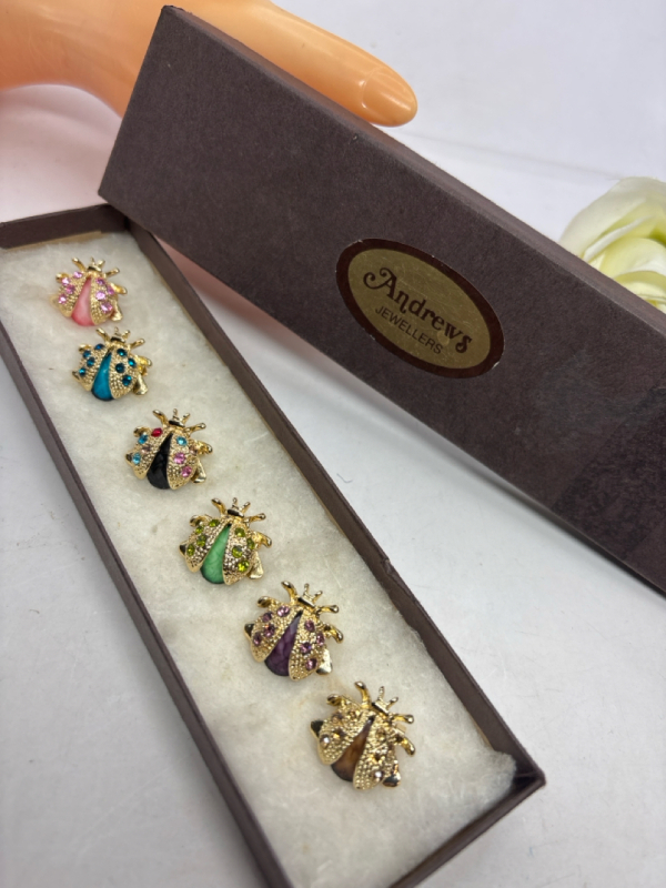 6 Charming Ladybug Brooches Colourful Rhinestone Approximately .8 - .9 Inch