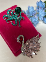 Sparkling Teal & Black Gemstone Rhinestone Octopus Brooch Approximately 1.65 x 1.5 Inch Graceful Rhinestone Swan Brooch Approximately 1.7 x 1.3 Inch