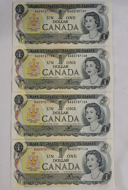 1973 Canadian Bank of Canada One Dollar Bank Notes , Consecutive Numbers . Four (4) Bank Notes , No bends or folds and appears uncirculated